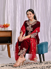 Exclusive Maroon Velvet Sequence Work Suit