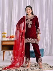 Exclusive Maroon Velvet Sequence Work Suit
