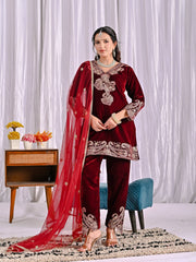 Exclusive Maroon Velvet Sequence Work Suit