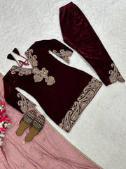 Exclusive Maroon Velvet Sequence Work Suit