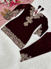 Exclusive Maroon Velvet Sequence Work Suit