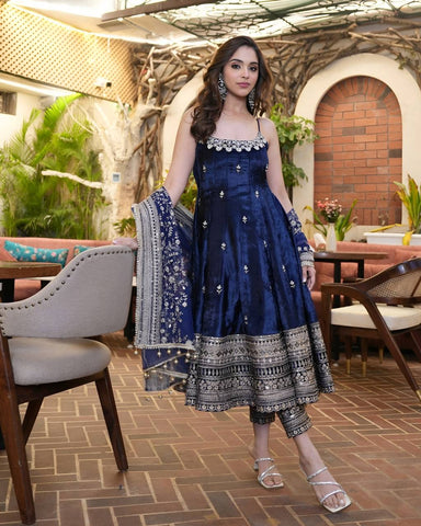 Stylish Embroidered Vichitra Silk Designer Gown