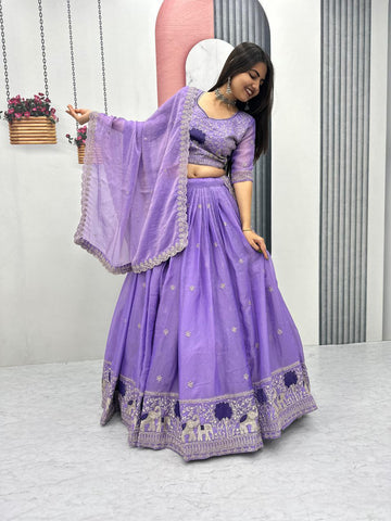 Attractive Purple Moss Shimar Embroidery Lehenga