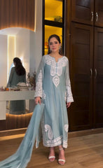 Marvelous Blue Organza Embroidery Palazzo Suit