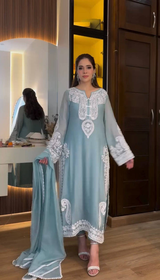 Marvelous Blue Organza Embroidery Palazzo Suit