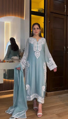 Marvelous Blue Organza Embroidery Palazzo Suit