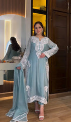 Marvelous Blue Organza Embroidery Palazzo Suit