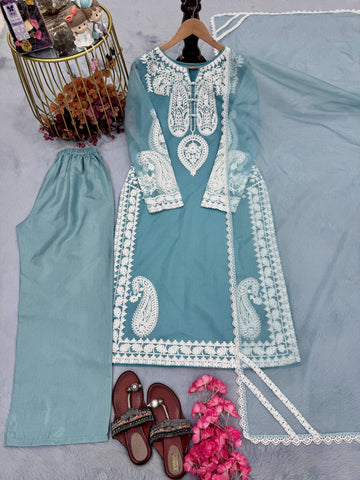 Marvelous Blue Organza Embroidery Palazzo Suit