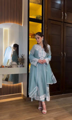 Marvelous Blue Organza Embroidery Palazzo Suit