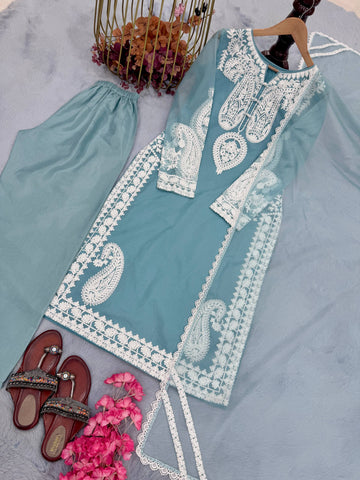 Marvelous Blue Organza Embroidery Palazzo Suit