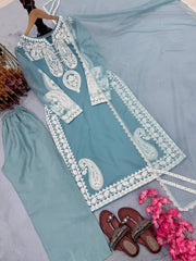 Marvelous Blue Organza Embroidery Palazzo Suit