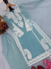 Marvelous Blue Organza Embroidery Palazzo Suit