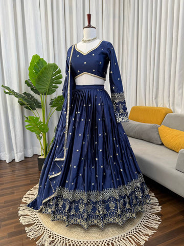 Exclusive Blue Satin Thread Work Lehenga Choli