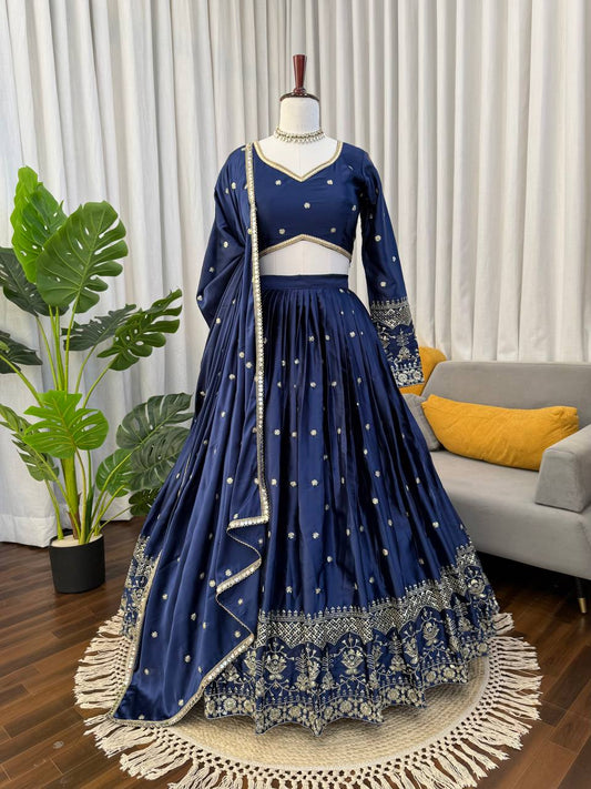 Exclusive Blue Satin Thread Work Lehenga Choli
