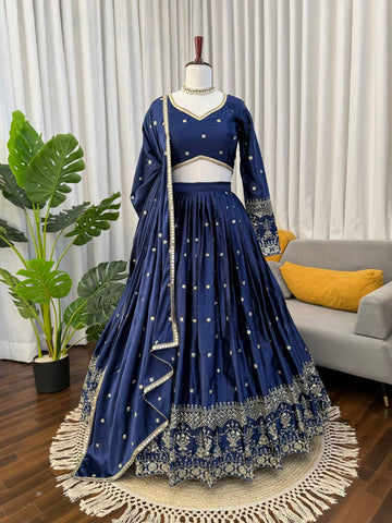 Exclusive Blue Satin Thread Work Lehenga Choli