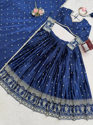 Exclusive Blue Satin Thread Work Lehenga Choli