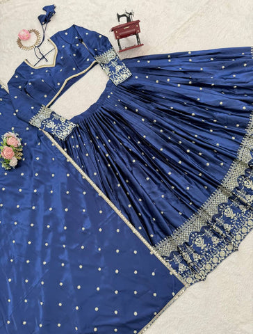 Exclusive Blue Satin Thread Work Lehenga Choli