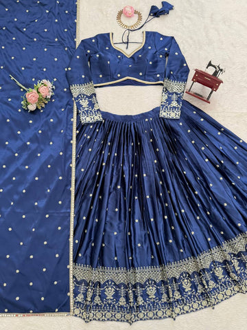 Exclusive Blue Satin Thread Work Lehenga Choli