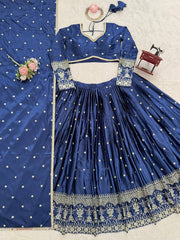 Exclusive Blue Satin Thread Work Lehenga Choli