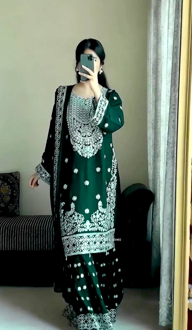 Attractive Green Georgette Sequence Work Sharara Suit