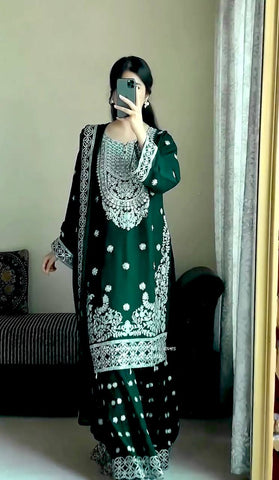 Attractive Green Georgette Sequence Work Sharara Suit