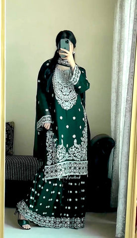 Attractive Green Georgette Sequence Work Sharara Suit