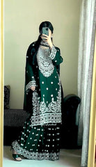 Attractive Green Georgette Sequence Work Sharara Suit
