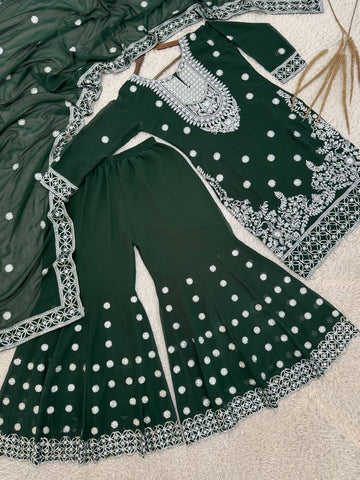 Attractive Green Georgette Sequence Work Sharara Suit