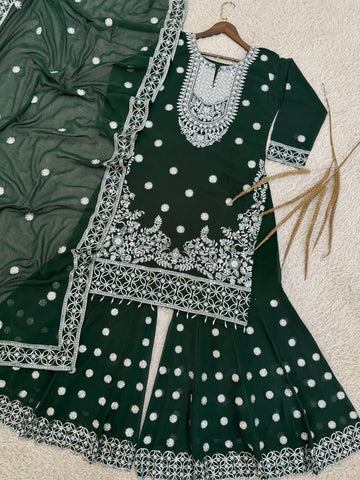 Attractive Green Georgette Sequence Work Sharara Suit