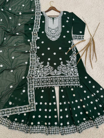 Attractive Green Georgette Sequence Work Sharara Suit