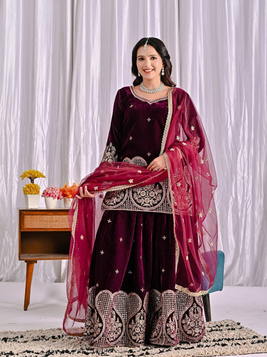 Stylish Maroon Velvet Embroidery Work Sharara Suit