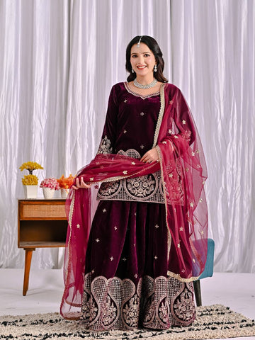 Stylish Maroon Velvet Embroidery Work Sharara Suit