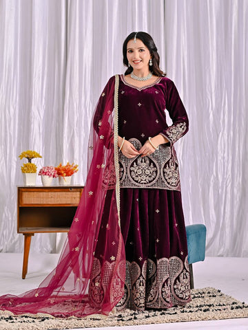Stylish Maroon Velvet Embroidery Work Sharara Suit