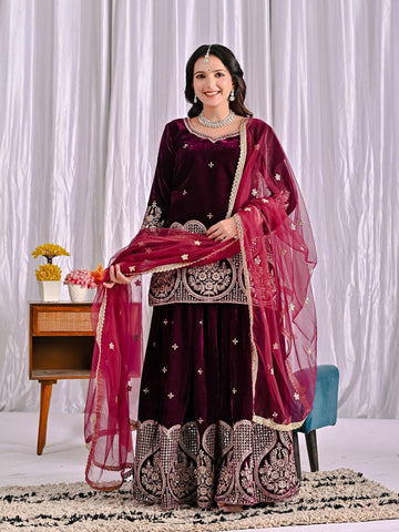 Stylish Maroon Velvet Embroidery Work Sharara Suit