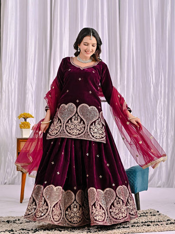 Stylish Maroon Velvet Embroidery Work Sharara Suit