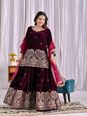 Stylish Maroon Velvet Embroidery Work Sharara Suit