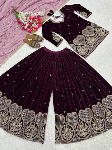 Stylish Maroon Velvet Embroidery Work Sharara Suit