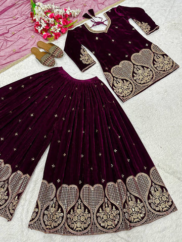 Stylish Maroon Velvet Embroidery Work Sharara Suit