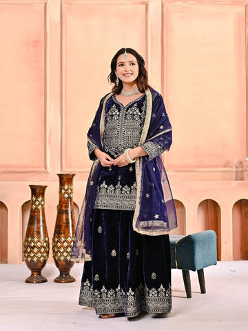 Stylish Blue Velvet Embroidery Work Sharara Suit