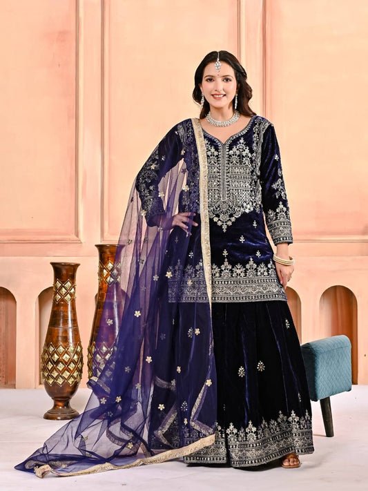 Stylish Blue Velvet Embroidery Work Sharara Suit