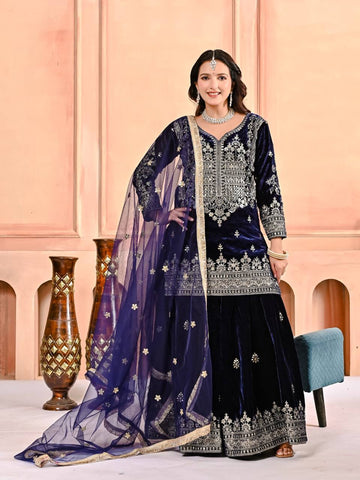 Stylish Blue Velvet Embroidery Work Sharara Suit