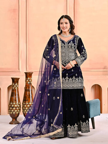 Stylish Blue Velvet Embroidery Work Sharara Suit