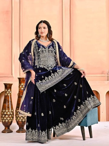 Stylish Blue Velvet Embroidery Work Sharara Suit