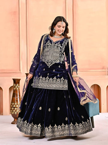 Stylish Blue Velvet Embroidery Work Sharara Suit