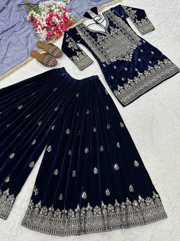 Stylish Blue Velvet Embroidery Work Sharara Suit