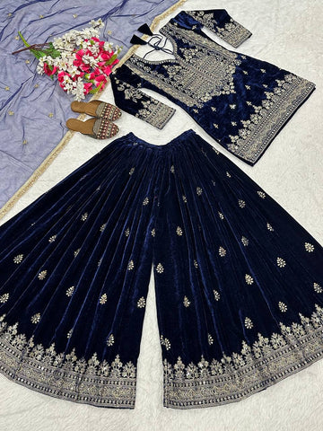 Stylish Blue Velvet Embroidery Work Sharara Suit