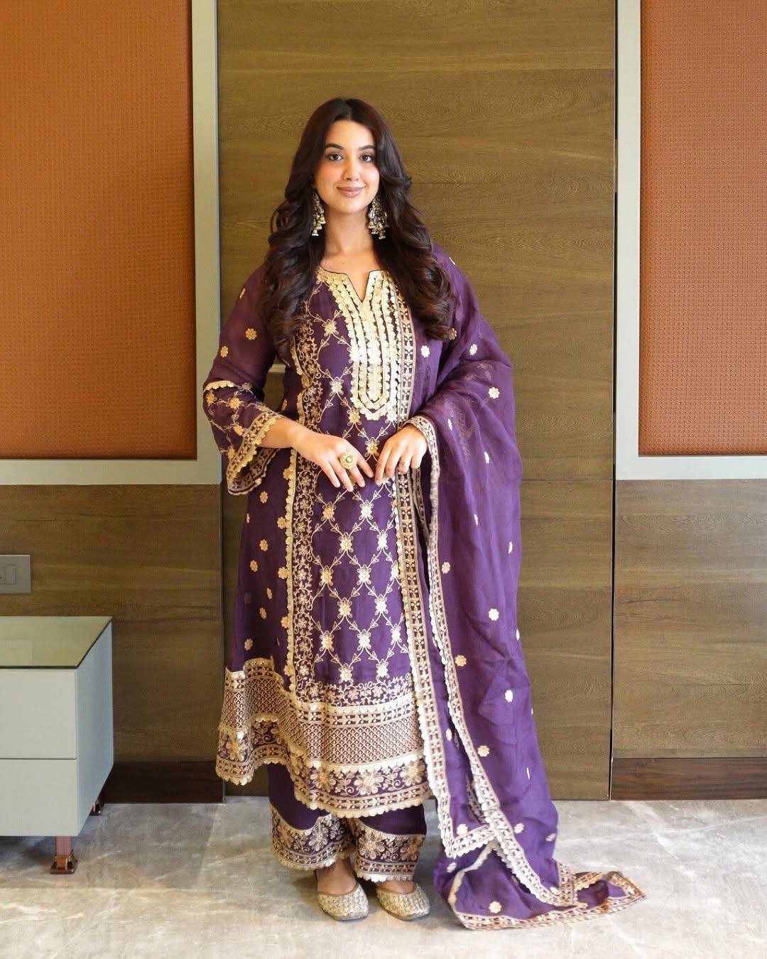 Trendy Purple Chinnon Embroidery Palazzo Suit