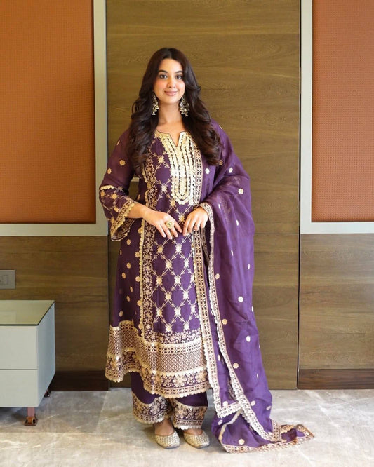 Trendy Purple Chinnon Embroidery Palazzo Suit
