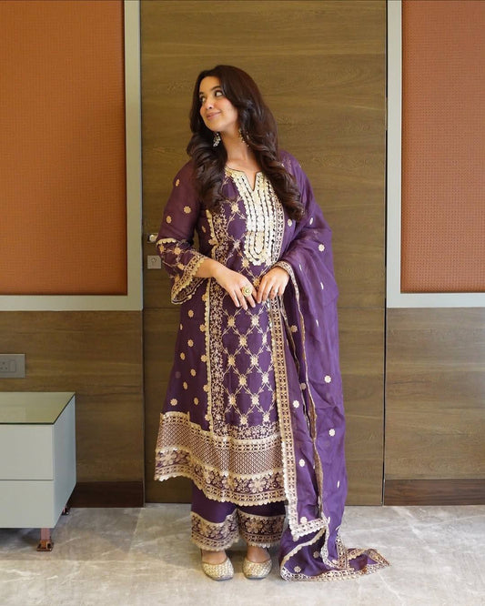 Trendy Purple Chinnon Embroidery Palazzo Suit