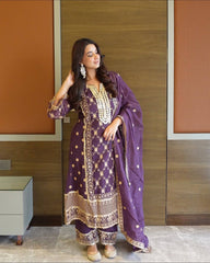 Trendy Purple Chinnon Embroidery Palazzo Suit